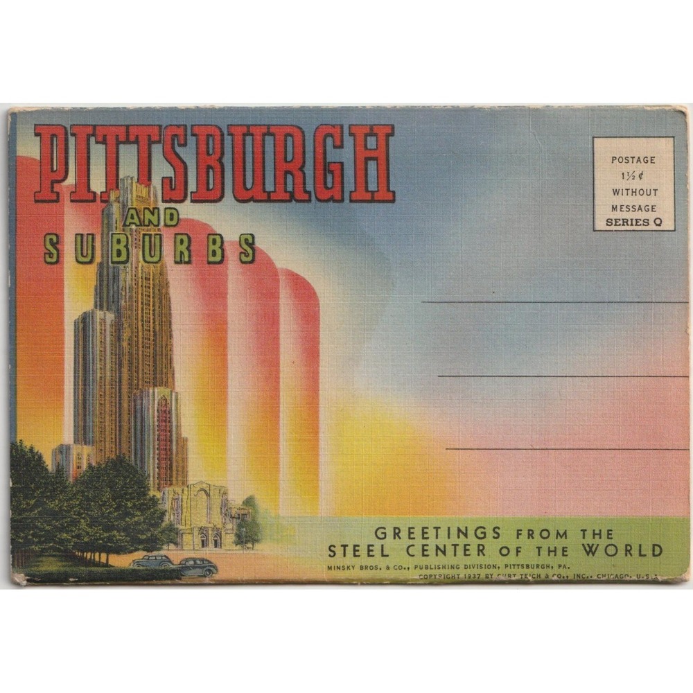 Pittsburgh Pennsylvania PA Linen Postcard Folder 1937 Steel Center Curt Teich